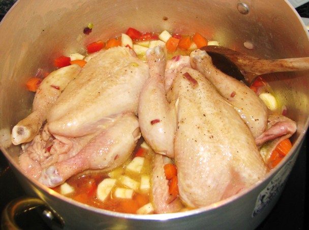 Poussin (pui mic) pe pat de supa de legume inabusite