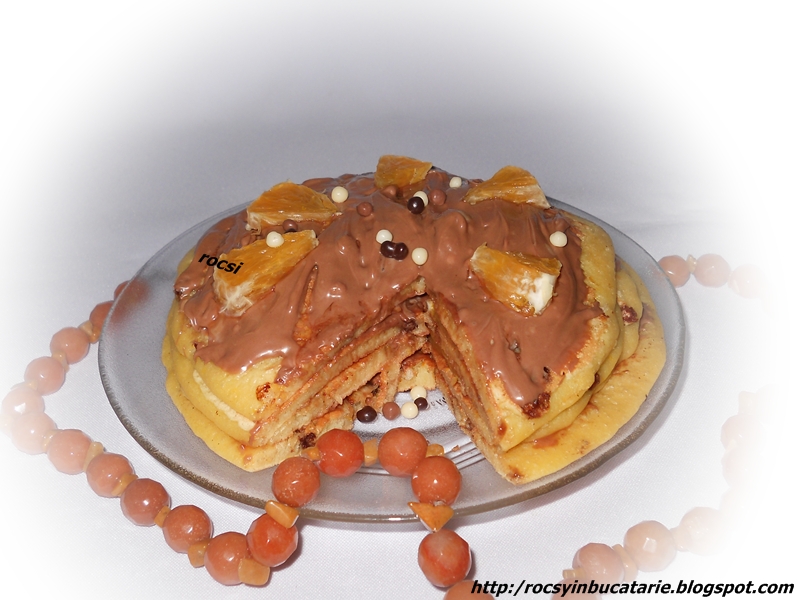 Tortulete pancakes cu bilute de ciocolata si portocale