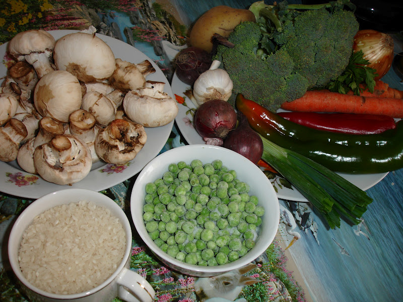 Orez cu legume, ciuperci si brocoli