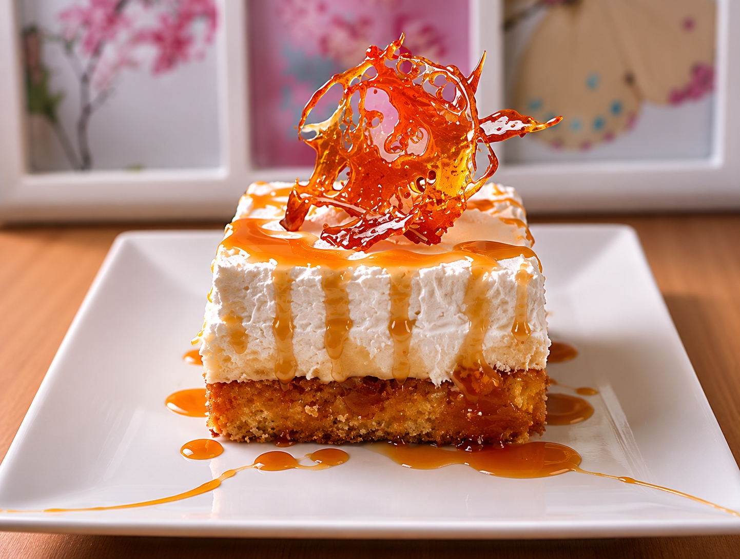Prajitura cu mango caramelizat, crema de vanilie si frisca