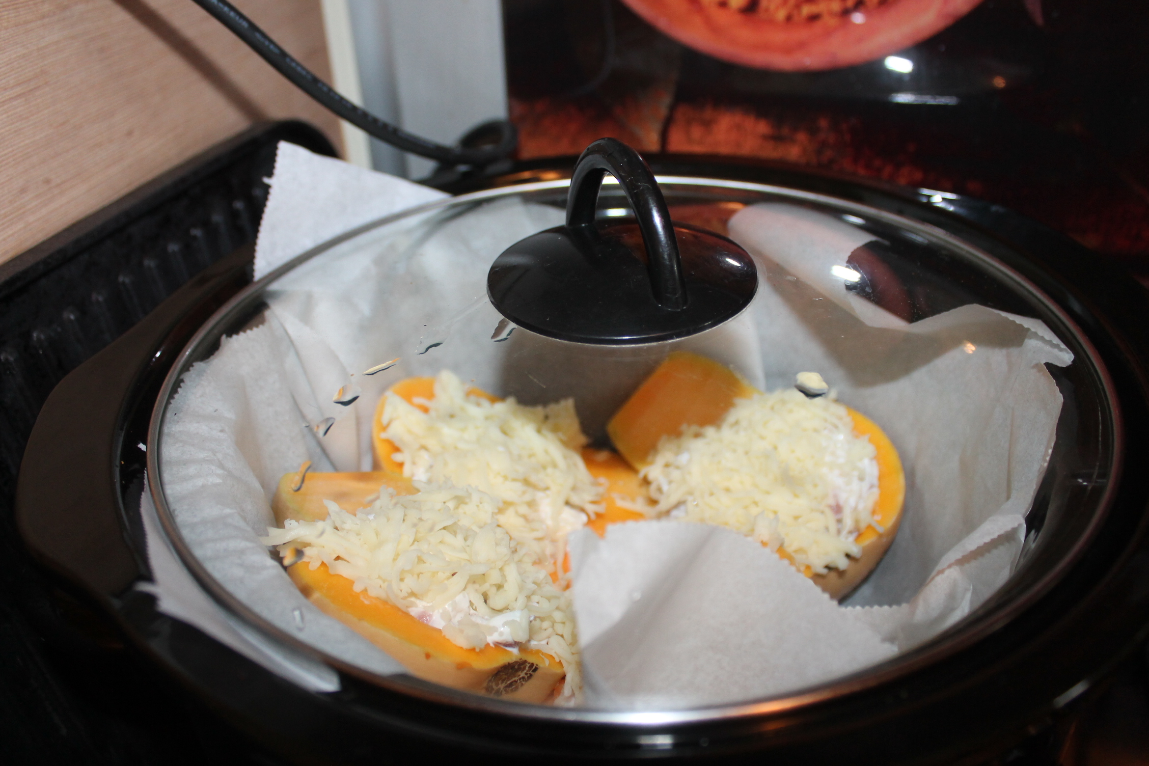 Dovleac umplut cu mozzarella si bacon la slow cooker Crock-Pot